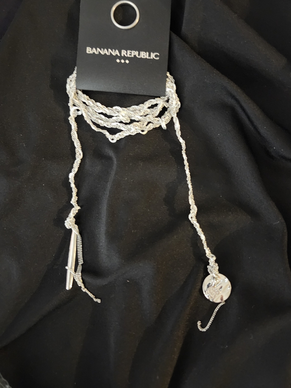 Banana Republic Factory Silver Rope Lariat Necklace with Disc & Bar Accents